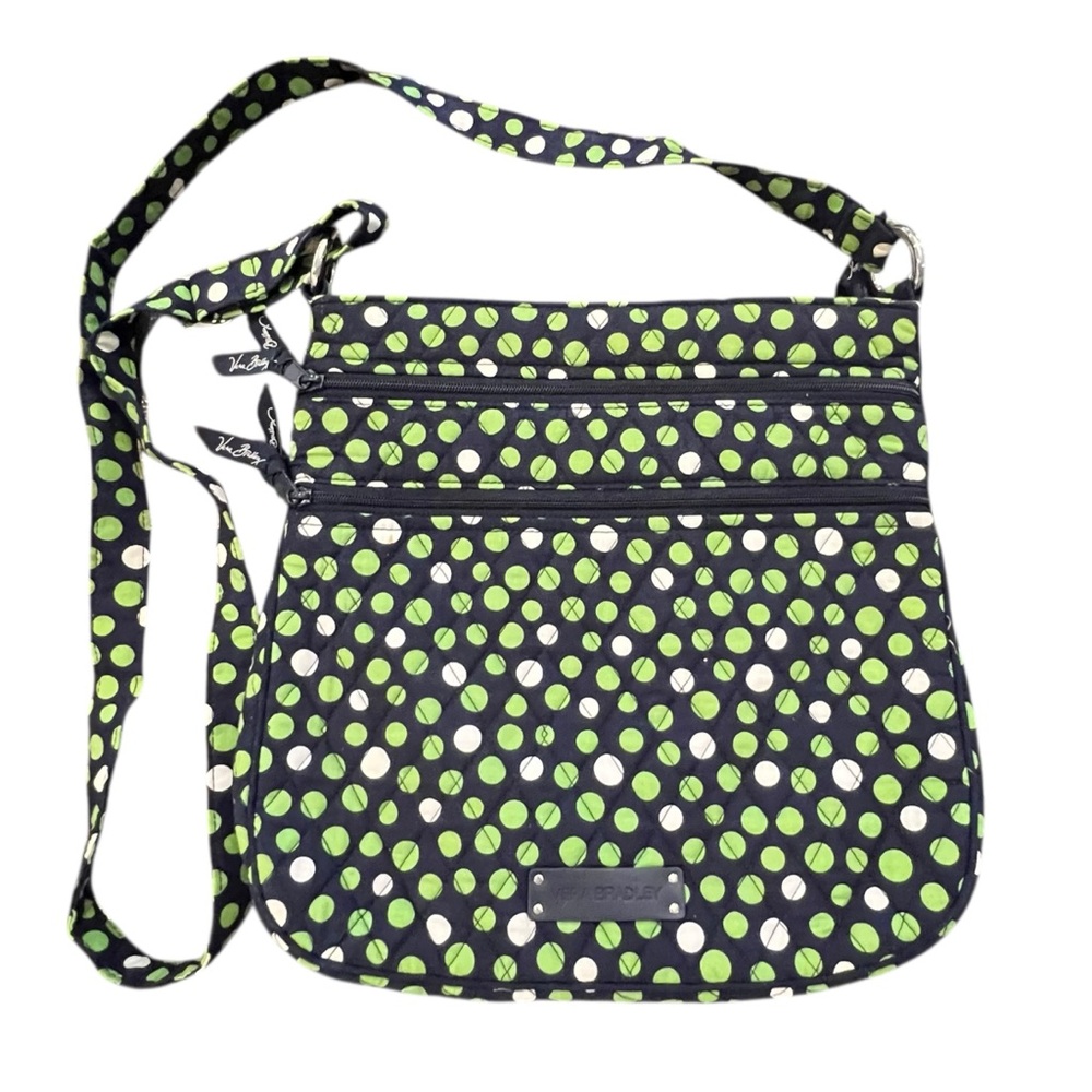 Vera Bradley Lucky Dots Hipster Quilted Crossover Purse 3 Zipper Navy Green - Picture 1 of 16